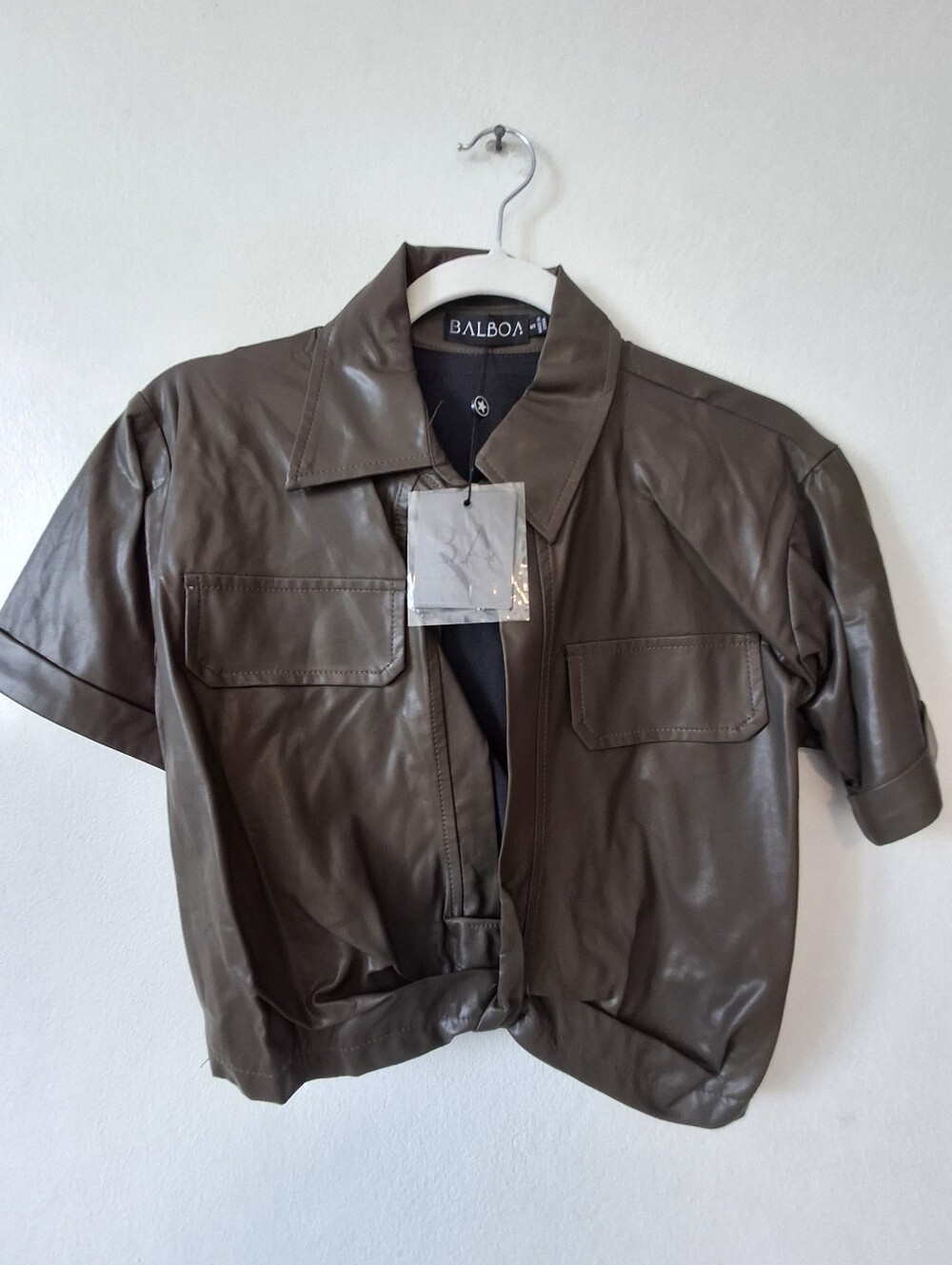Women's Short-Sleeve Faux Leather Jacket — Olive Brown